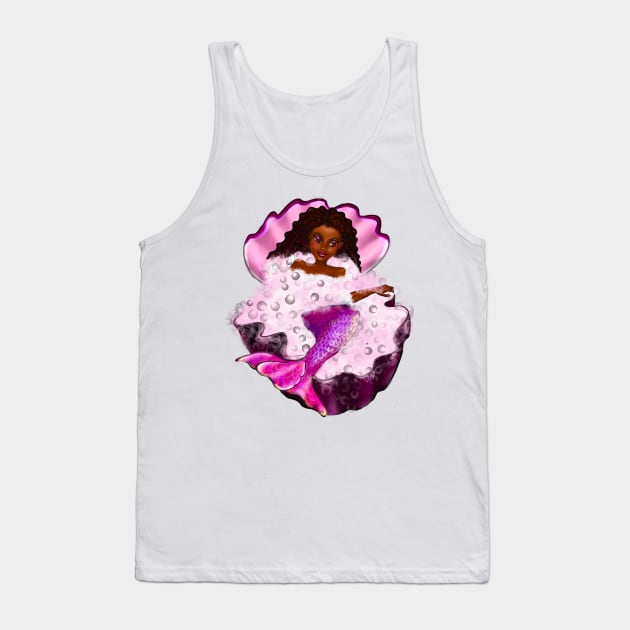 Mermaid spa day in Oyster clam shell 2 - Black anime mermaid in bubble bath. Pretty black girl with Afro hair, green eyes, Cherry pink lips and dark brown skin. Hair love ! Tank Top by Artonmytee